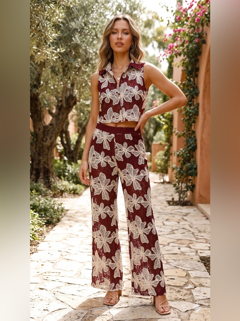 NWT 2-Piece Floral Lace Set - Button Down Crop Top & Wide Leg Pants - Burgundy